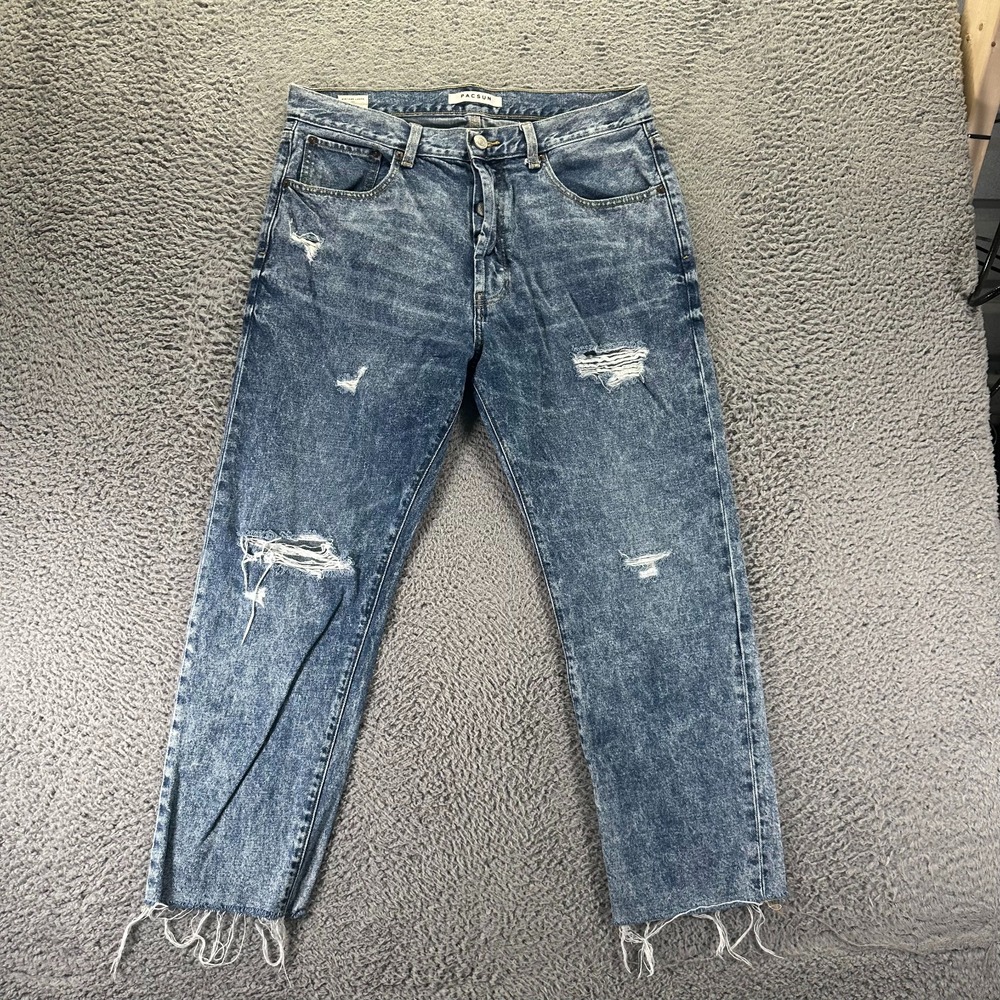 VTG PacSun Jeans Mens 34x27 Blue Cotton Denim Straight Loose Button-Fly Raw-Hem